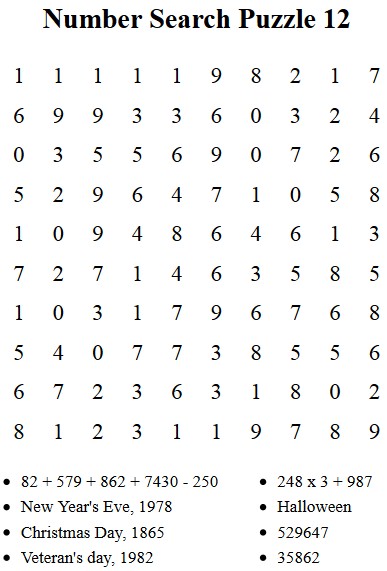 Number Search Puzzle 12